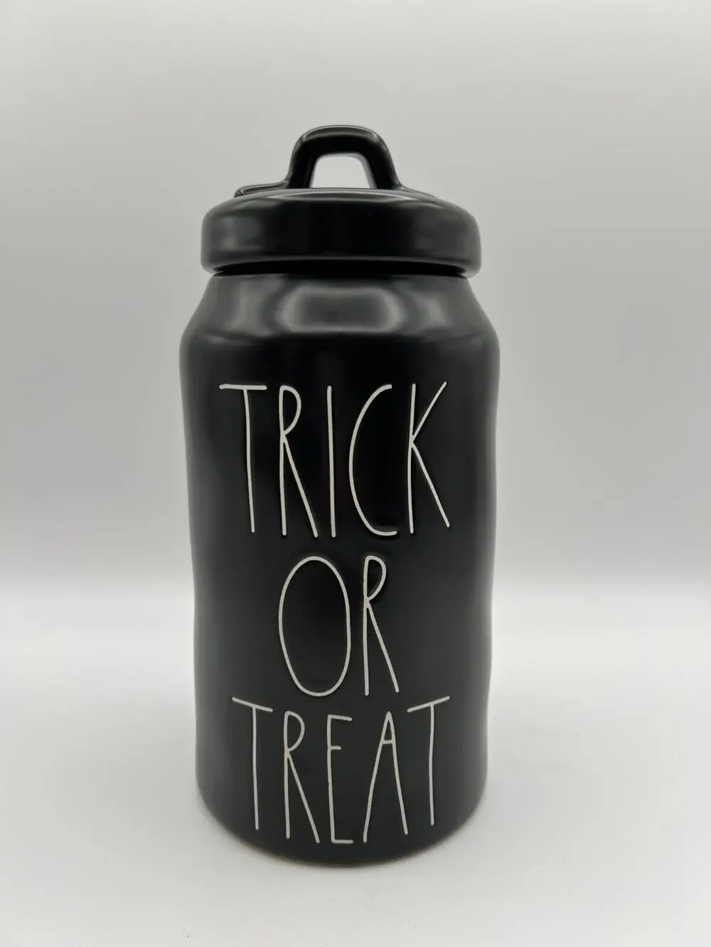 Rae Dunn by Magenta TRICK OR TREAT Black Canister with Lid 10” Halloween Decor